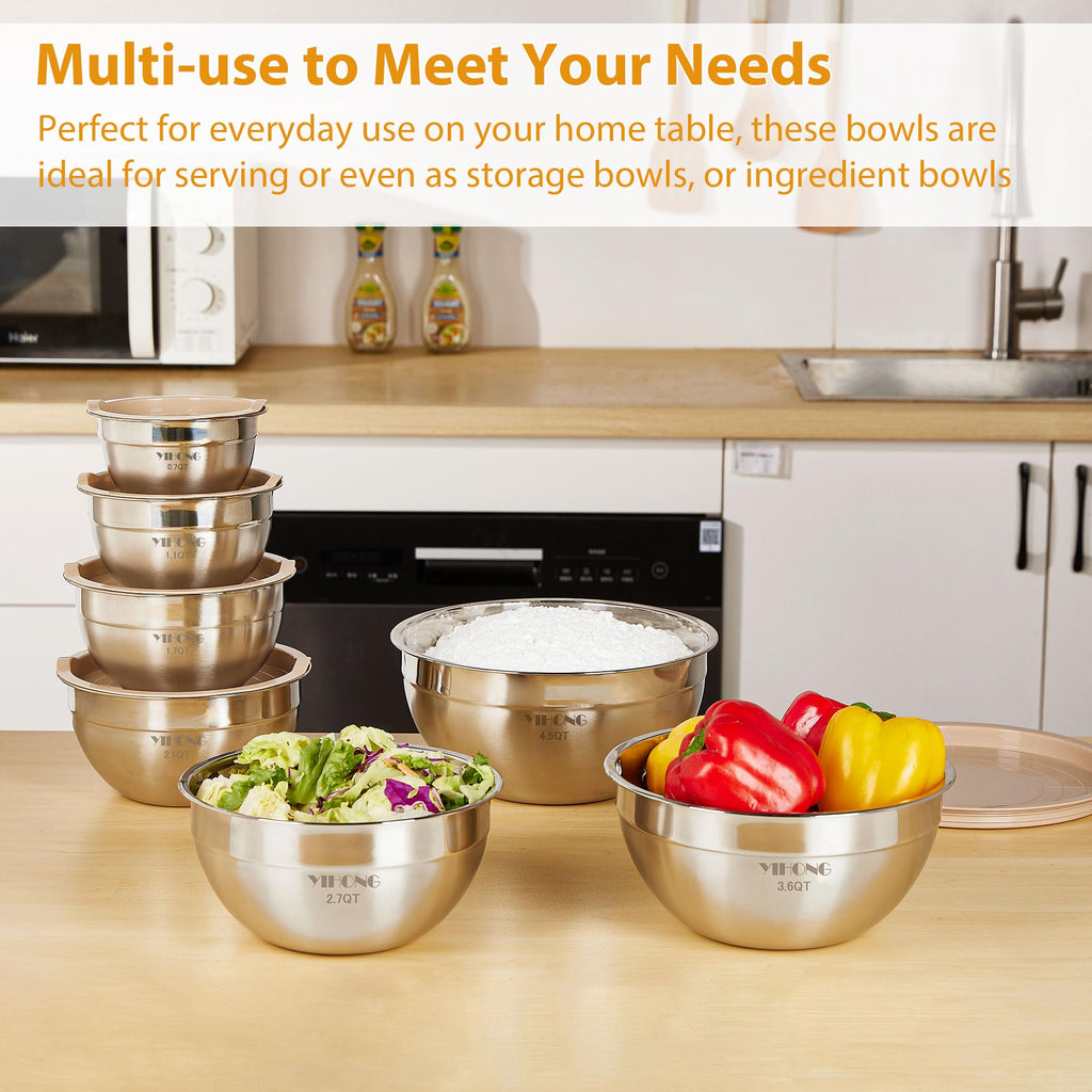 YIHONG 7 Piece Metal Mixing Bowls with Lids for Kitchen, Stainless Steel Set Ideal for Baking, Prepping, Cooking and Serving Food, Nesting Design for Space Saving Storage (Khaki)