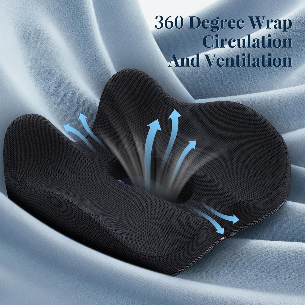 Benazcap Wheelchair Cushions Seat Cushion for Tailbone Pain Relief/Hemorrhoid - Hip Shaped Memory Foam Office Chair Cushions to Unleash Supreme Comfort in Office, Home, and Car Seating-Black