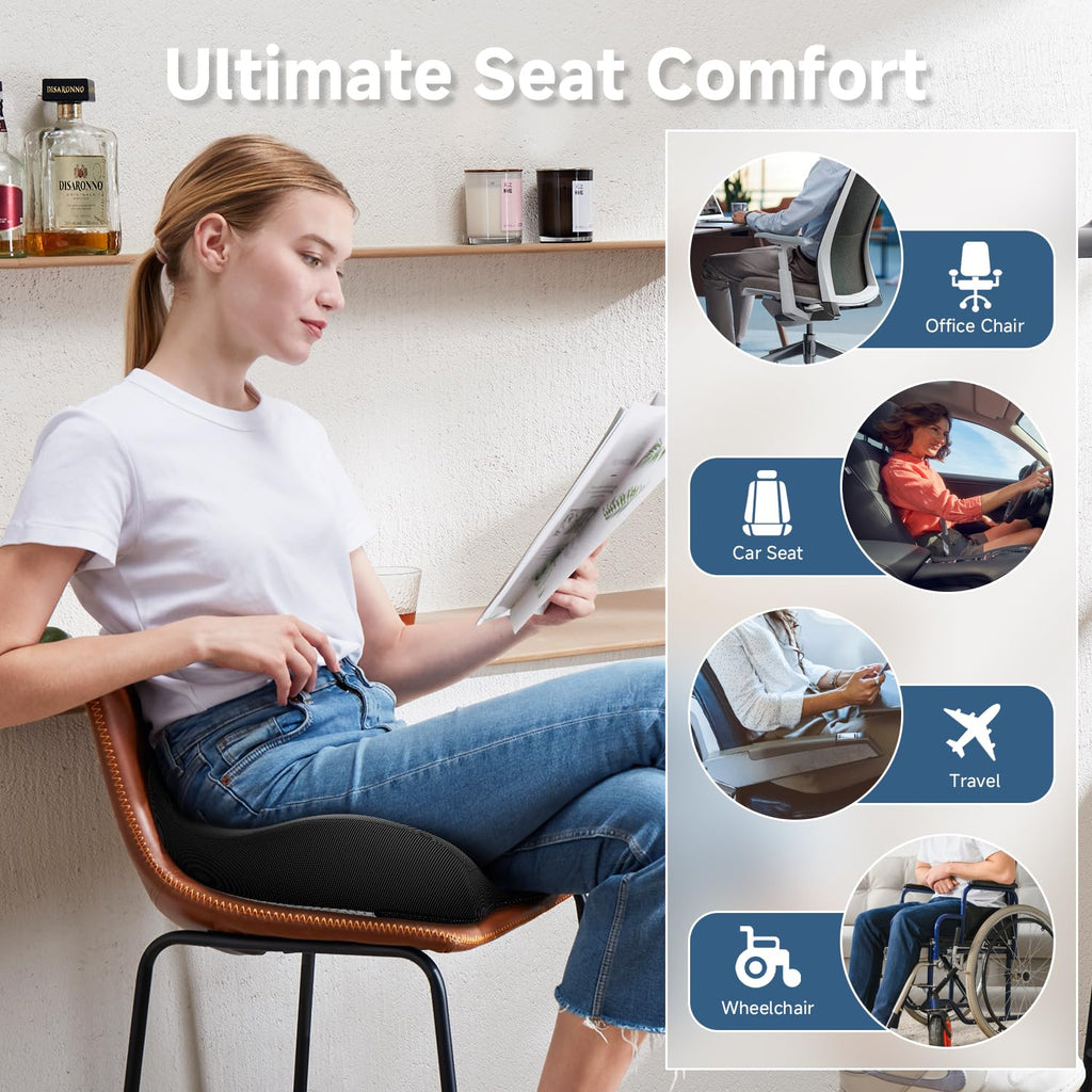 Benazcap Gel Seat Cushion for Office Chair Ergonomic Cushions-Gel & Memory Foam Coccyx Butt Pillow for Sciatica & Back Pain Relief for Long Sitting for Gaming Chair and Car Seat-Black