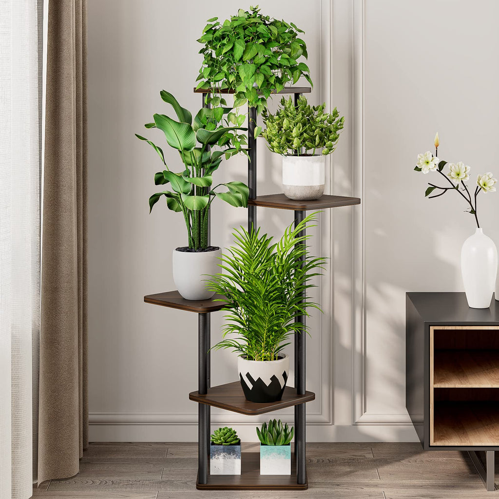 AZERPIAN Plant Stand 5 Tier Indoor Metal Flower Shelf for Multiple Plants Corner Tall Flower Holders for Patio Garden Living Room Balcony Bedroom, Black Oak (5 Tier-Black Oak)