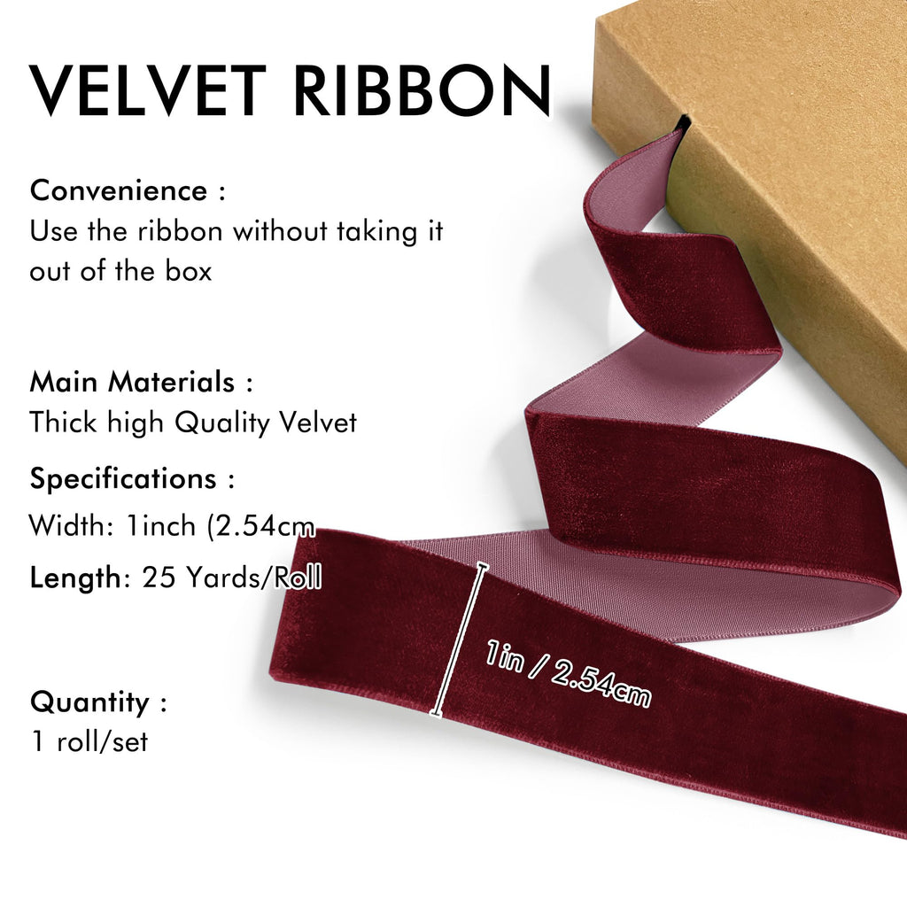 Burgundy Velvet Ribbon 1'' 25 Yards for Christmas Tree, Gift Wrapping, Flower Bouquet, Wreath Decorations, Bow Making