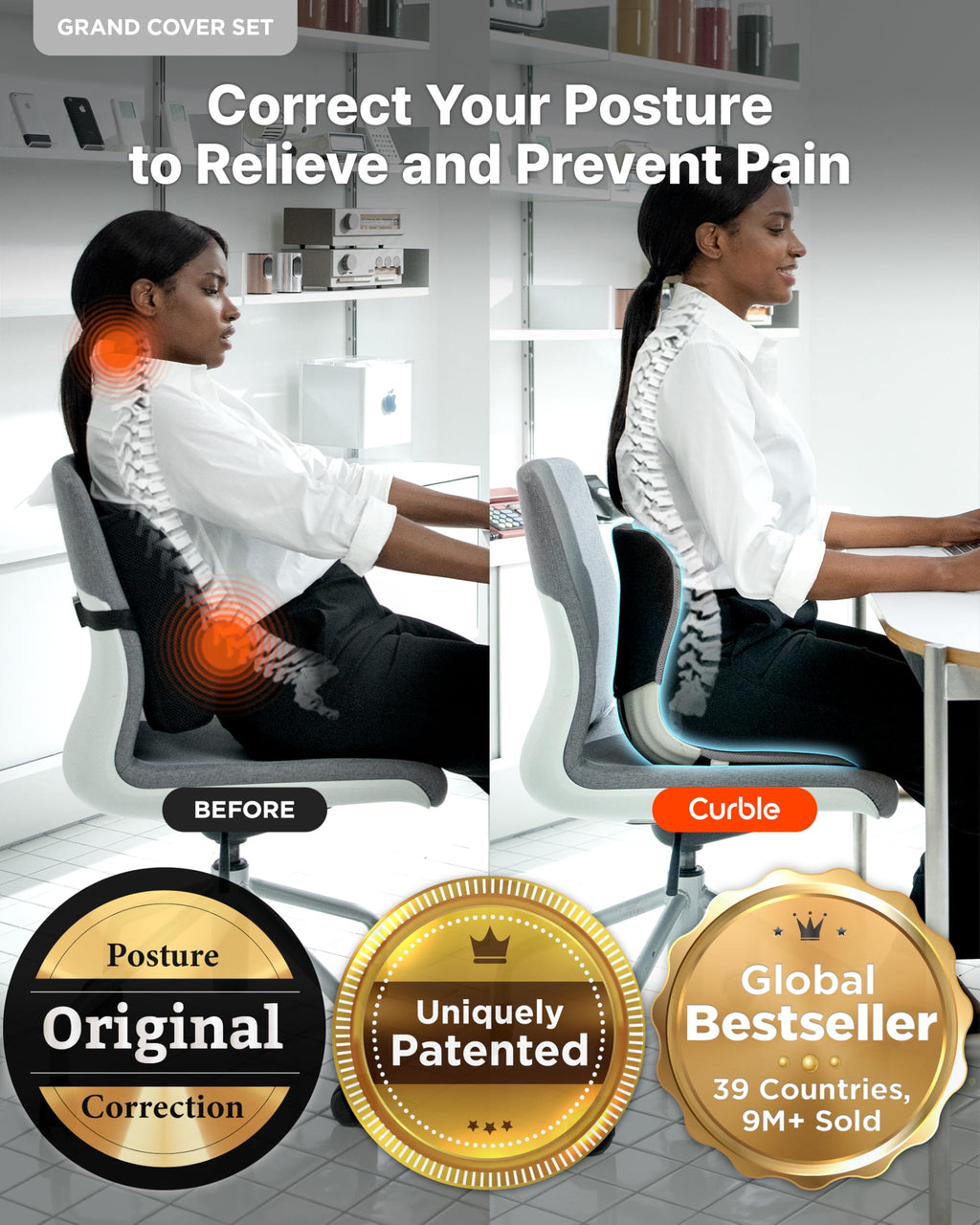 curble GRAND(Extra Wide&Sturdy) COVER SET – Ergonomic Back Support Chair with Detachable Cover, Lumbar Support for Posture Correction & Lower Back Pain Relief, Perfect for Home & Office(Set Grey)
