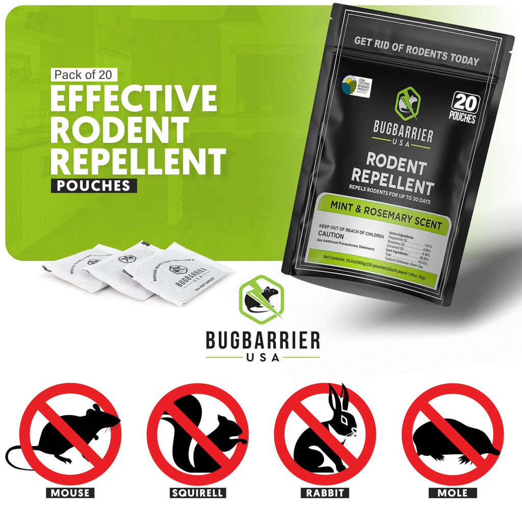 BugBarrier's Extra-Strength Mouse Repellent Deterrent Pouches, USDA 99% Biobased, Peppermint & Rosemary Oils Repel Mice Nesting in Car, RV, Boat, Garage, Shed, Cabin Made in The USA (Pack of 20)