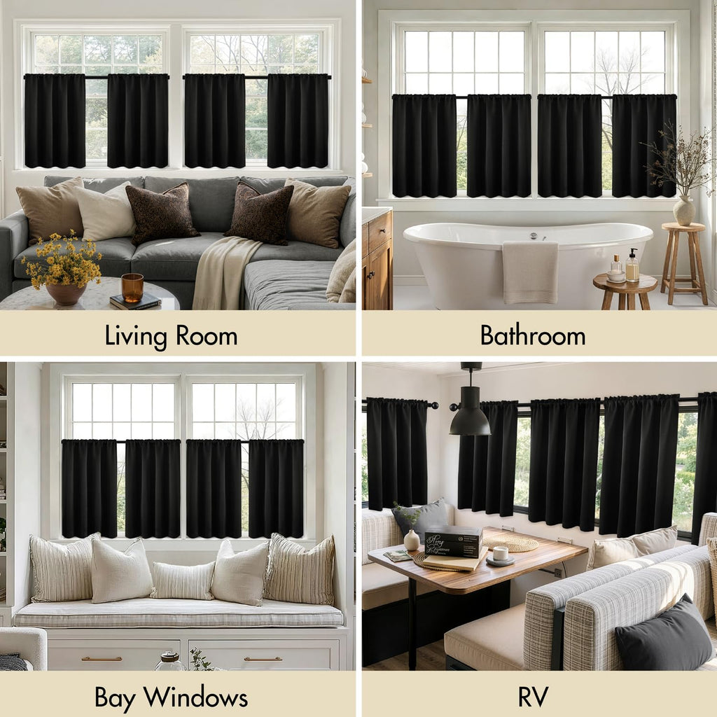 MIULEE 36 Inch Short Blackout Curtains Set of 4, Over Sink Kitchen Tier Curtain Thermal Insulated Privacy Drapes Mini Top & Bottom Rod Pocket Cafe Curtains for Small Windows Bathroom RV, Black