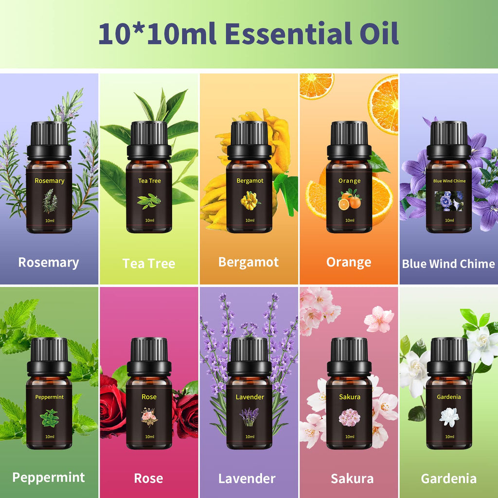 Katusie 500ML Essential Oil Diffuser with 10 Essential Oils Gift Set, Aromatherapy Diffuser Humidifier with 2 Mist Mode 4 Timers＆ 7 Ambient Light Waterless Auto Off for Large Room Home Office