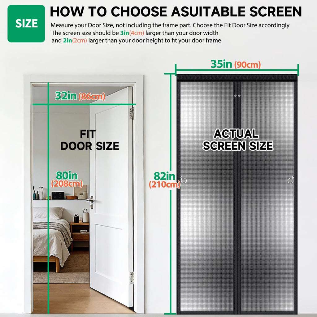 HOFUDON Upgraded Magnetic Screen Door Mesh, Full Strip Magnets, Heavy Duty Fiberglass Mesh, Door Screen Magnetic Closure for Single Door Size 32 x 80 Inch, Screen Door Size 35 x 82 Inch Black