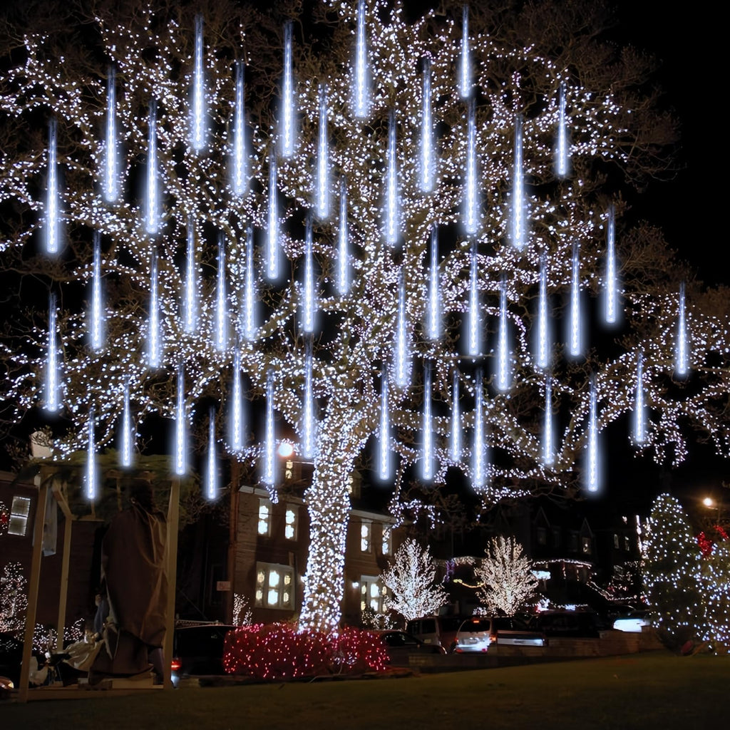 2-Pack Christmas Decorations Lights Outdoor, Total 384LED Meteor Shower Lights Rain Drop Lights 30cm 16 Tubes Indoor Outdoor Snow Cascading String Lights for Xmas Tree Roof Party Garden (Cool White)