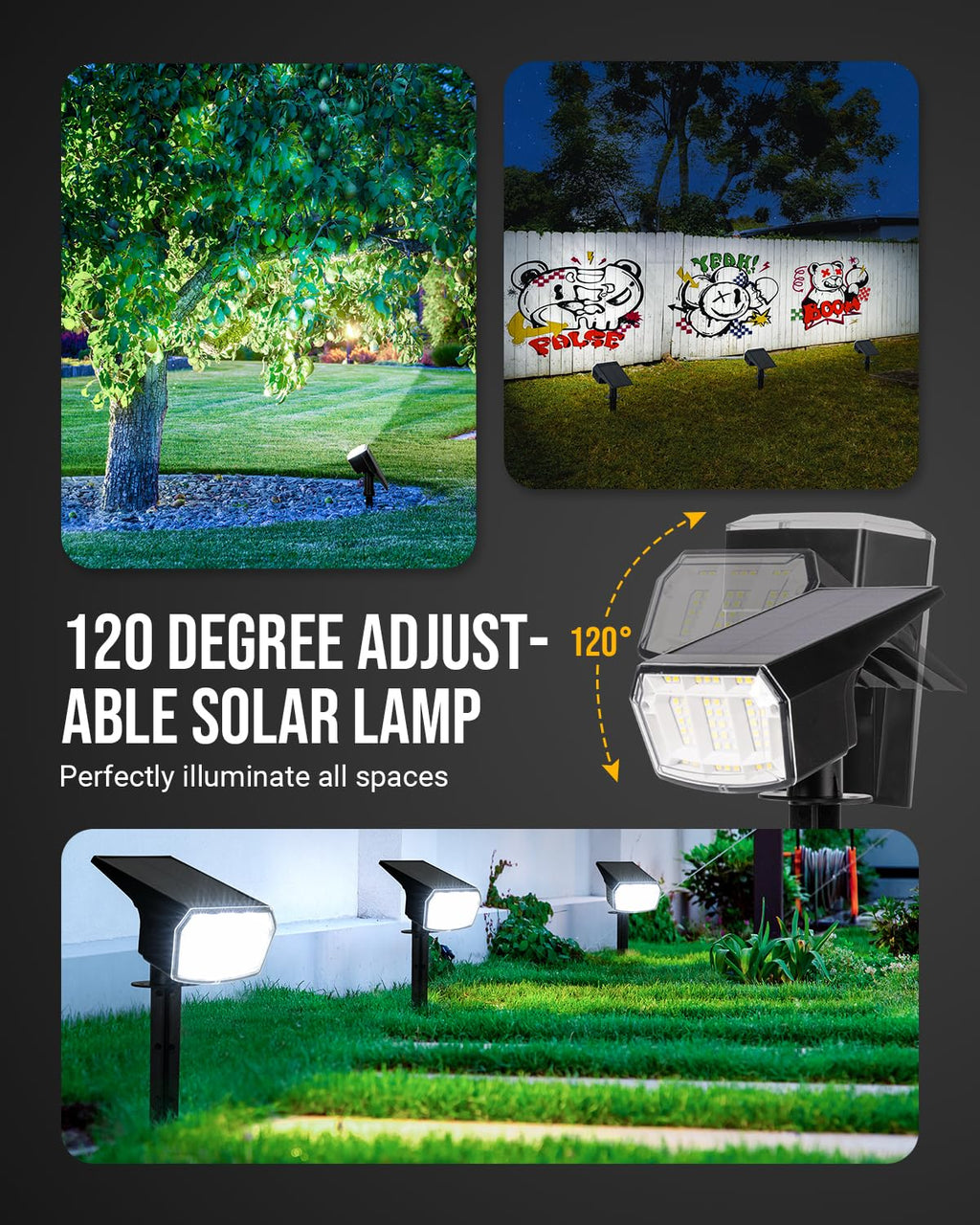 COOZAMING Solar Spot Lights Outdoor Waterproof Halloween Decorations Lights, 63 LED 3 Lighting Modes IP65 Landscape Lighting Solar Powered Flood Lights for Yard Garden House Christmas Decor-4 Pack