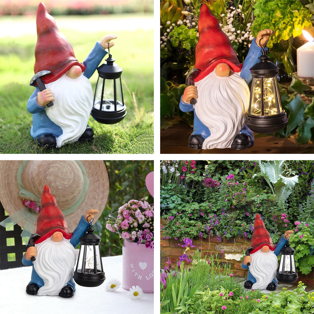 halp·ssfm Garden Gnome Statue Solar Light Outdoor Decorations Figurine with Lantern Led Shovel Sculpture Lawn Patio Yard Porch Outside Christmas Housewarming Gifts for Women Mom Grandma