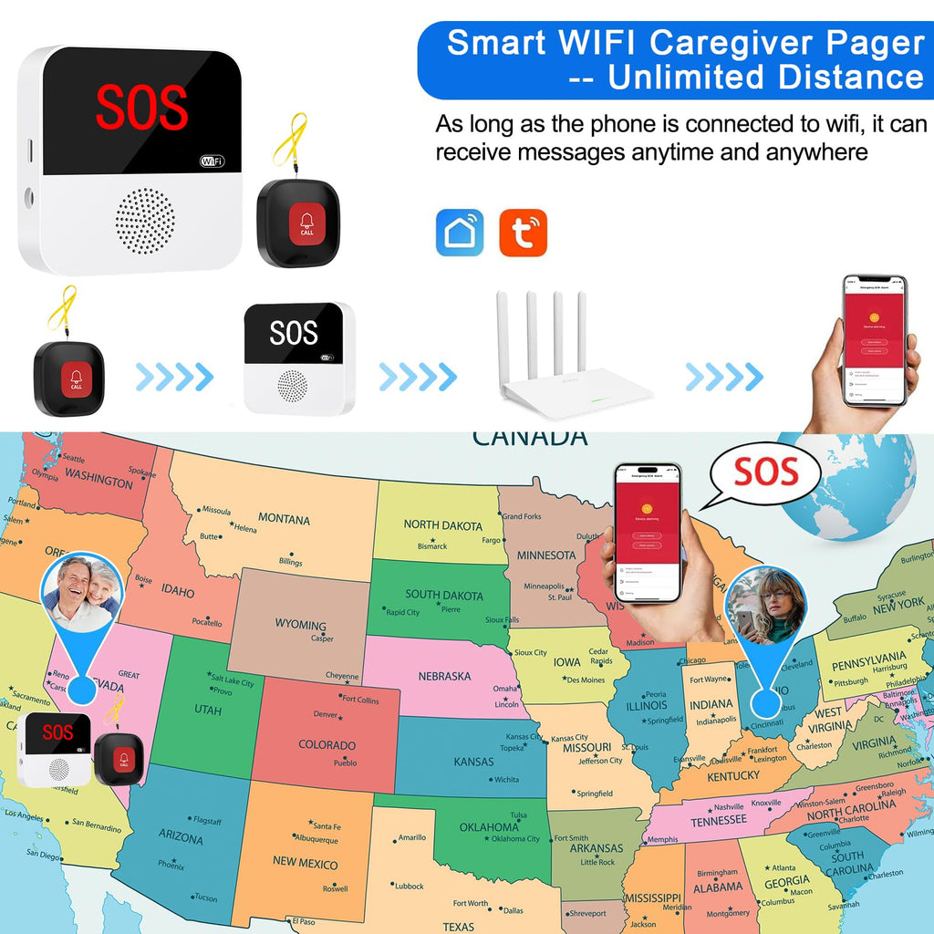 WiFi Wireless Caregiver Pager Call Button System Emergency Alert Button for Seniors Patient Disabled Elderly 1 Panic Button 1 Receiver(only Supports 2.4GHz Wi-Fi)