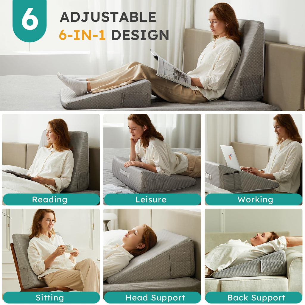 Bedluxe Wedge Pillow for Sleeping, 12 inch Elevated Support Bed Wedge Pillow, Breathable Triangle Pillow Wedge with Cooling Memory Foam Top - Removable Washable Cover, Grey
