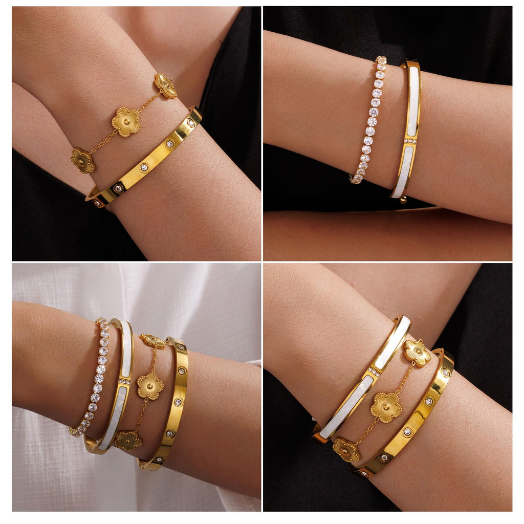 18K Gold Plated Stackable Bangles Bracelets for Women - 4 Pcs Gold Bracelet Set Trendy Stainless Steel Fashion Accessories, Dainty Stacked Jewelry Set Gift for Daily Wear Five Leaf Clover