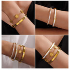 18K Gold Plated Stackable Bangles Bracelets for Women - 4 Pcs Gold Bracelet Set Trendy Stainless Steel Fashion Accessories, Dainty Stacked Jewelry Set Gift for Daily Wear Five Leaf Clover