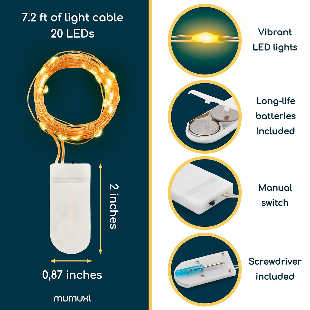 MUMUXI LED Fairy Lights Battery Operated String Lights [24 Pack] 7.2ft 20 Battery Powered LED Lights | Mini Lights, Centerpiece Table Decorations, Wedding Party Bedroom Mason Jar Christmas, Warm White