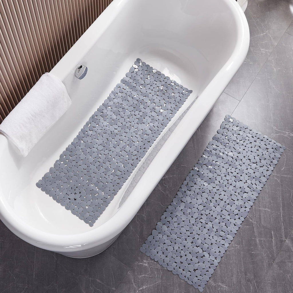 Webos Bath Shower Mat Non Slip: Extra Large Pebble Bathtub mat for Kids, Elderly, Anti Slip Shower Matt with Drain Holes Suction Cups Tub Mat - 16 X 40 Inch Grey