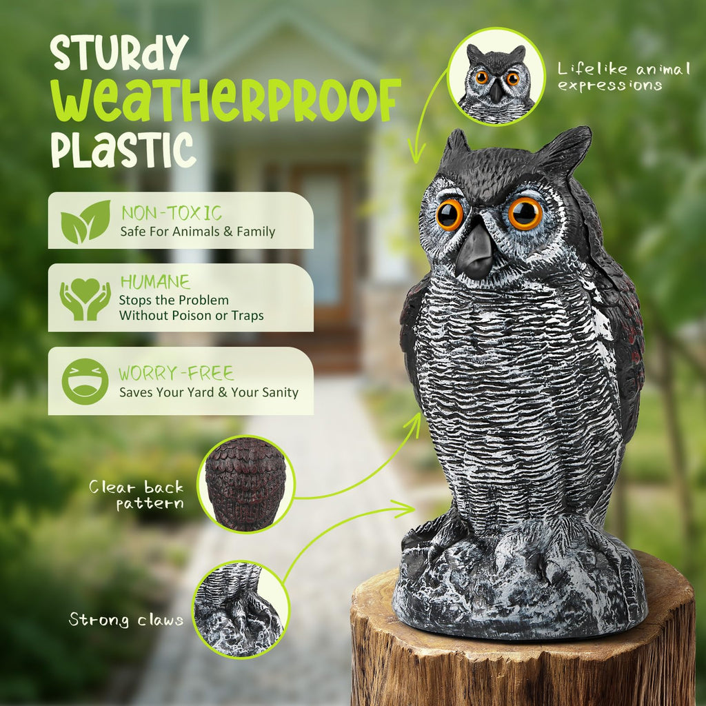 TRAYDER 2 Pack Fake Owl Decoys Large, 10.7" Outdoor Decorations Anti Bird Repellent Owls for Garden Deterrent, Scarecrow Horned Owl Statue Decoy to Scare Birds Away, Suit Backyard, Patio Decor