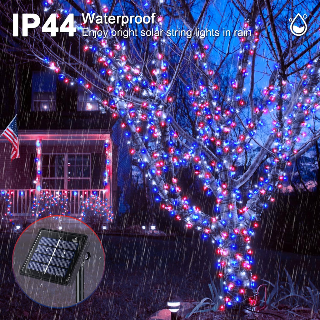 JMEXSUSS 2 Pack Red White and Blue Solar Lights, 200LED 75.5ft Patriot Solar String Lights Outdoor Waterproof, 8 Modes 4th of July Light for Independence Day Patio Garden Tree Decorations