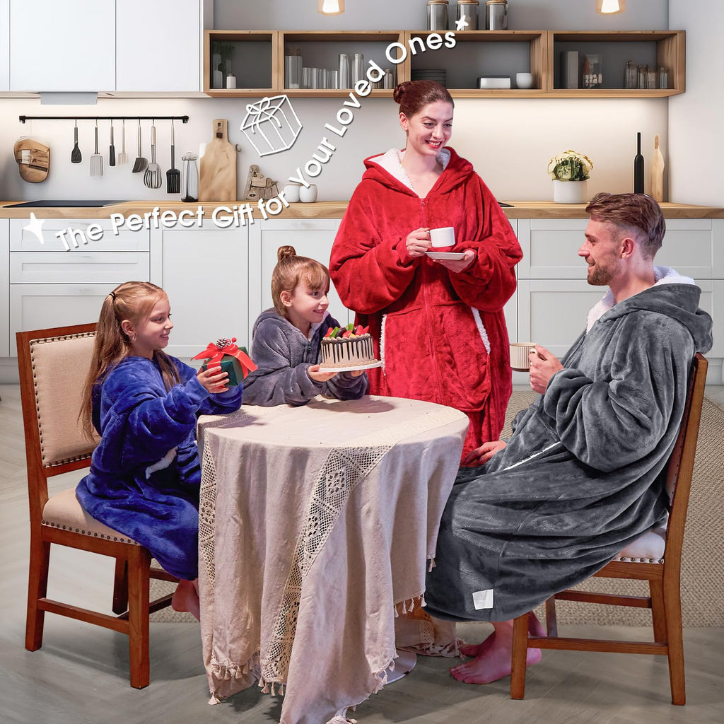 JOYWOO Oversized Wearable Blanket Hoodie, Long Hooded Blanket for Adult, Birthday Christmas Gifts for Women Men, Cozy Sherpa Sweatshirt Blanket with Giant Pocke Zipper and Winter Gifts,Grey