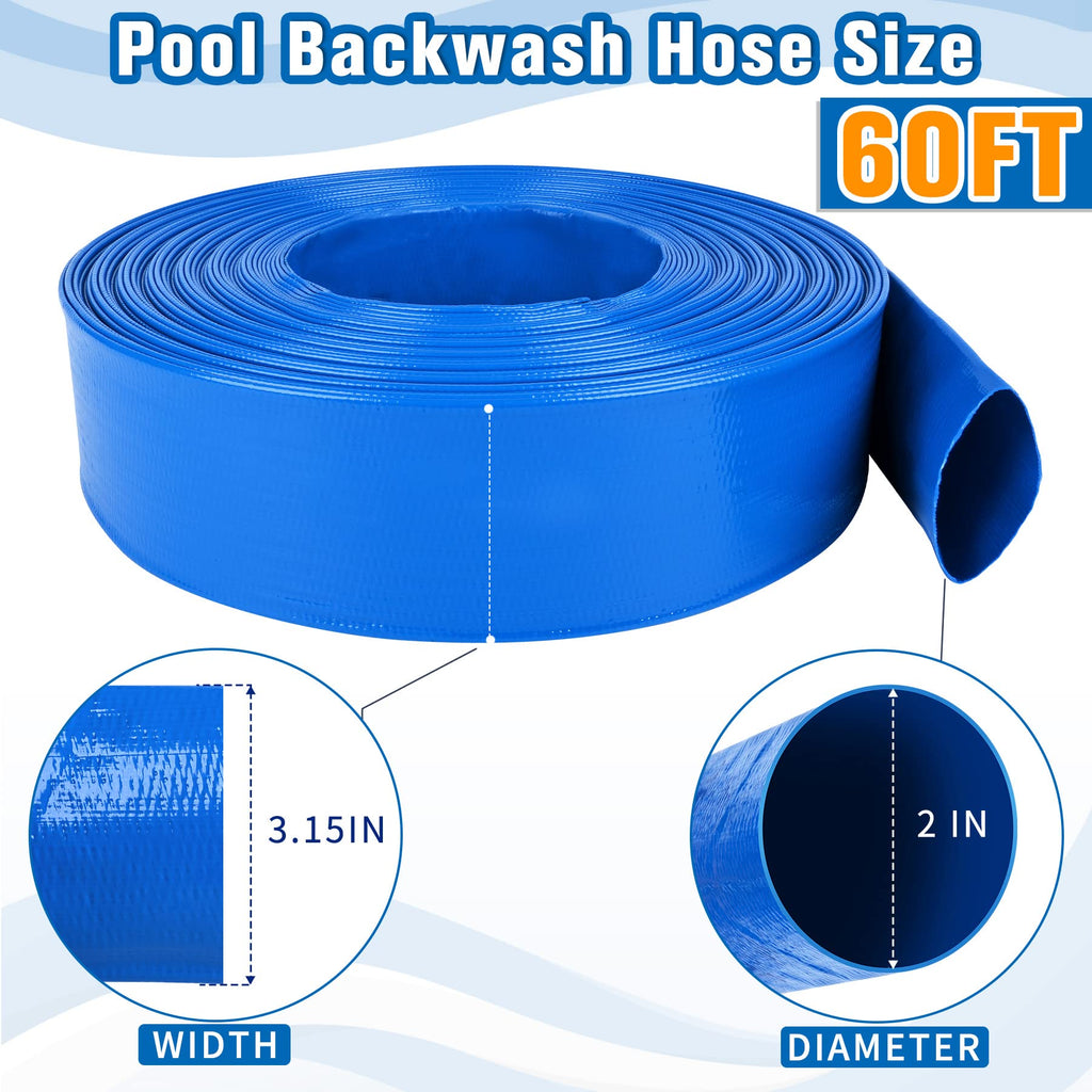 2 IN x 60FT Pool Backwash Hose Heavy Duty Drain Discharge Double PVC Layflat Hose with 2 Clamps, Weatherproof Burst Resistant for Water Transfer, Sump Pump, Pool Filter, Pool Drain (18.3M, Blue)