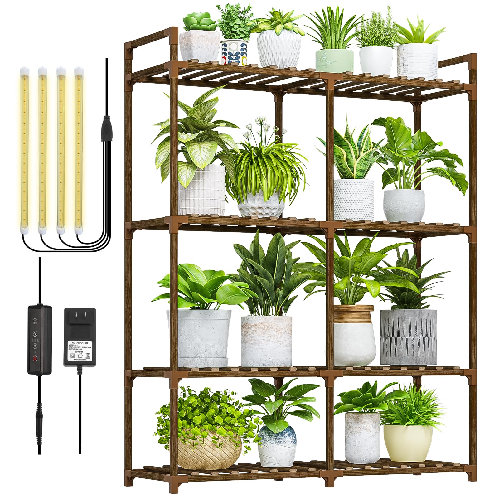 Bamworld Plant Stand with Grow Lights for Indoor Plants Wood Plant Shelf 4 Tier Large Flower Stand for Mutiple Plant Holder Rack for Patio Living Room Balcony