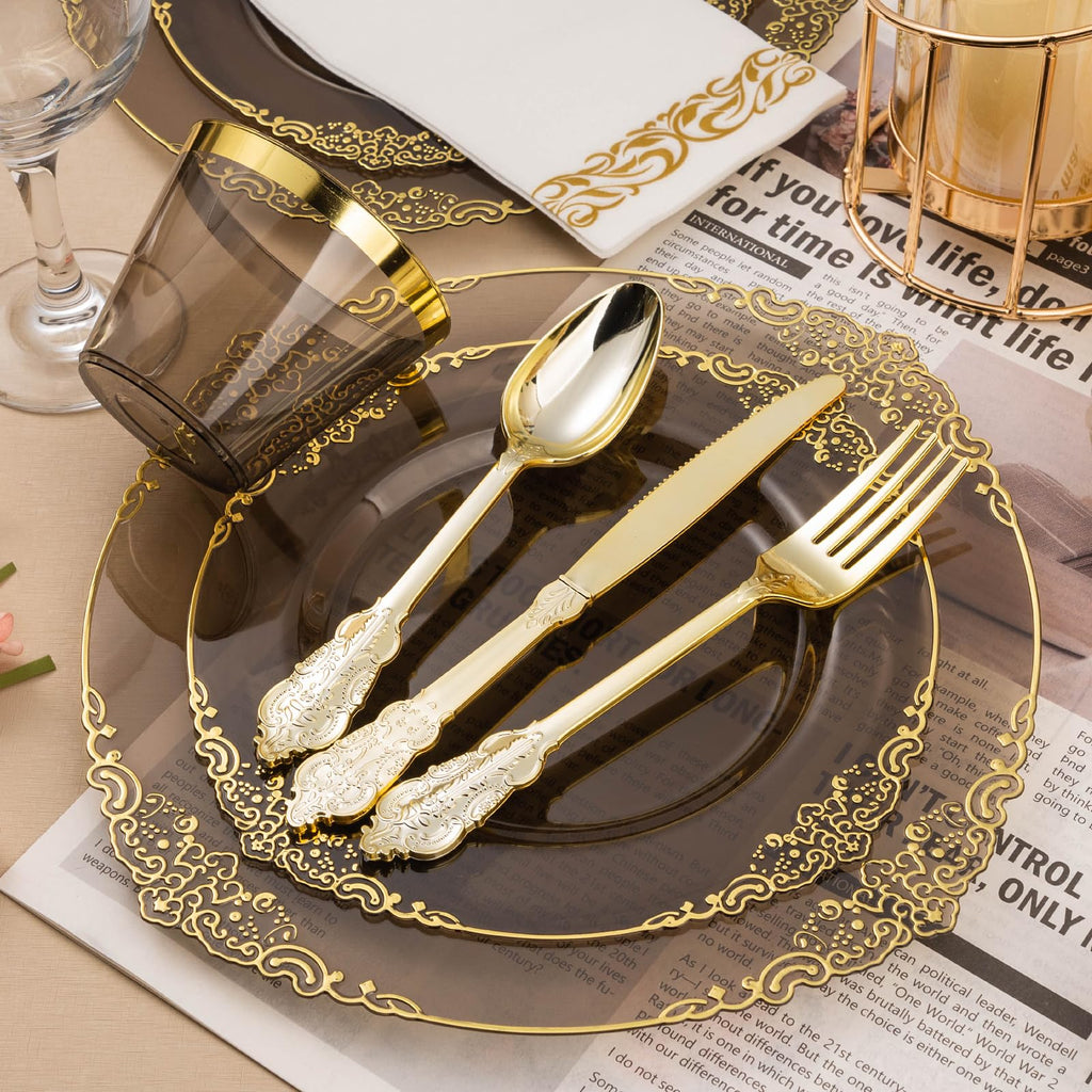 Bestluck 350PCS Clear Black Plastic Plates for 50 Guests, Disposable Plates with Gold Trim include 50 Dinner plates, 50 Dessert Plates, 150 Gold Silverware, 50 Cups, 50 Napkins for Wedding & Party