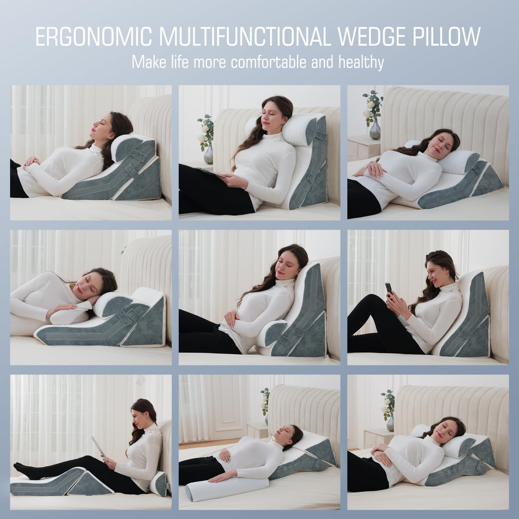 Flyxunfri Wedge Pillow Headboard Orthopedic Bed Wedge Pillows Set 9&12&16&20 Inches Adjustable Memory Foam for Acid Reflux Relief Ergonomic Incline Reading Pillow for Back Pain