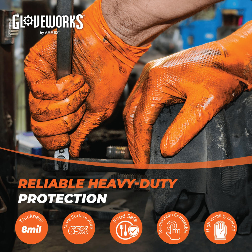 GLOVEWORKS 8 Mil Orange Nitrile Disposable Gloves Heavy Duty Industrial RDT for Mechanic and Automotive, XXL Box of 100