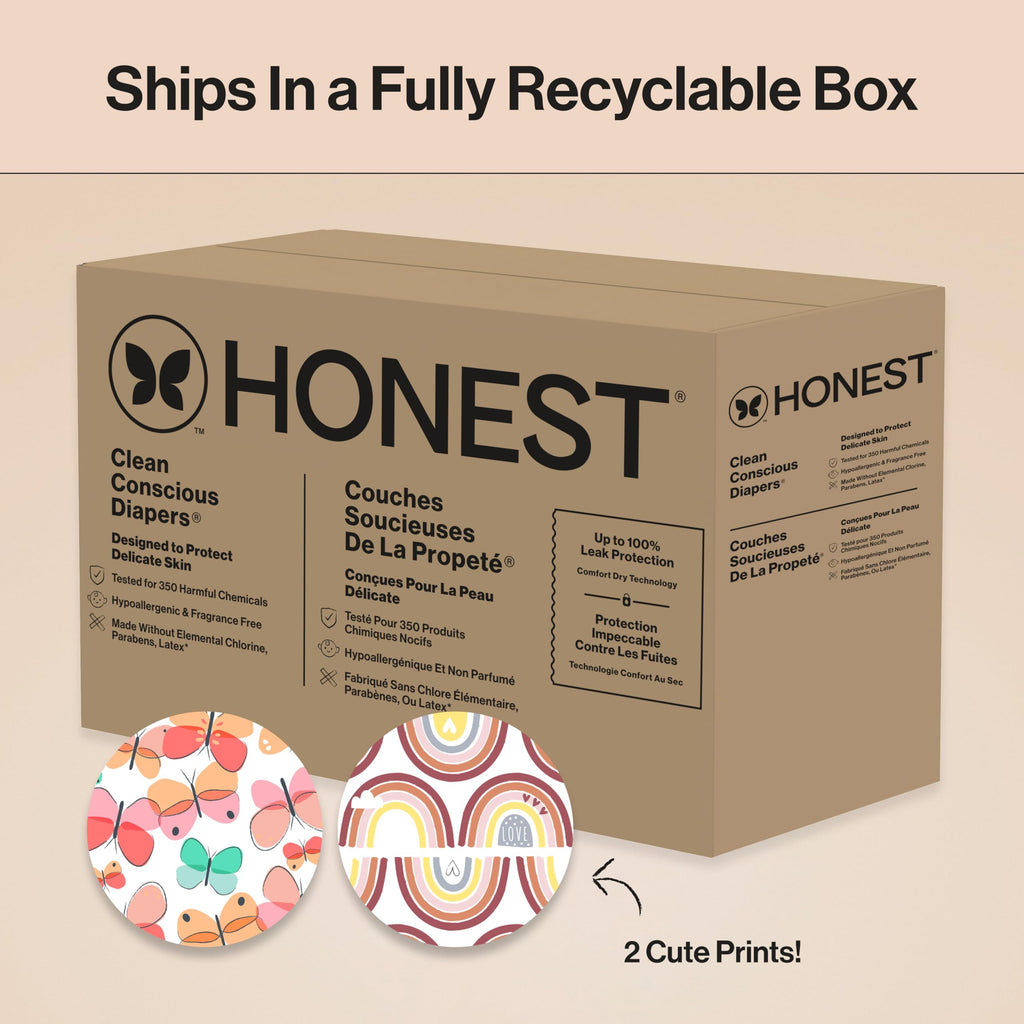 The Honest Company Comfort Dry Disposable Daytime Diapers, Hypoallergenic, Fragrance-Free, Sensitive Skin, Wingin' It + Catching Rainbows, Super Club Box Size 5 (27+ lbs), 84 Count