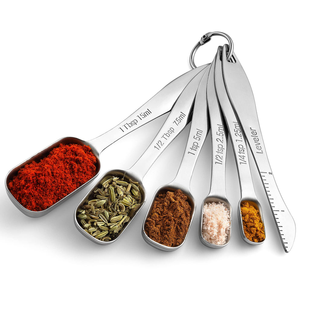 Spring Chef Stainless Steel Measuring Spoons Set of 6 with Leveler, Rectangular Metal Teaspoon & Tablespoon Measuring Spoons for Dry & Liquid Ingredients - Nesting Kitchen Gadgets For Baking & Cooking