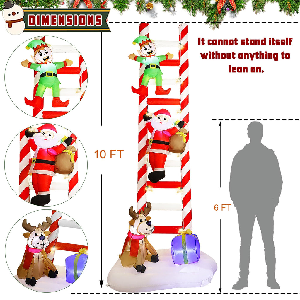 Joliyoou 10FT Christmas Inflatable Decorations, Giant Lighted Ladder Blowups Climbed with Elf, Reindeer, Santa, C7 String Lights for Xmas Winter Holiday Roofs Trees Balconies Decor