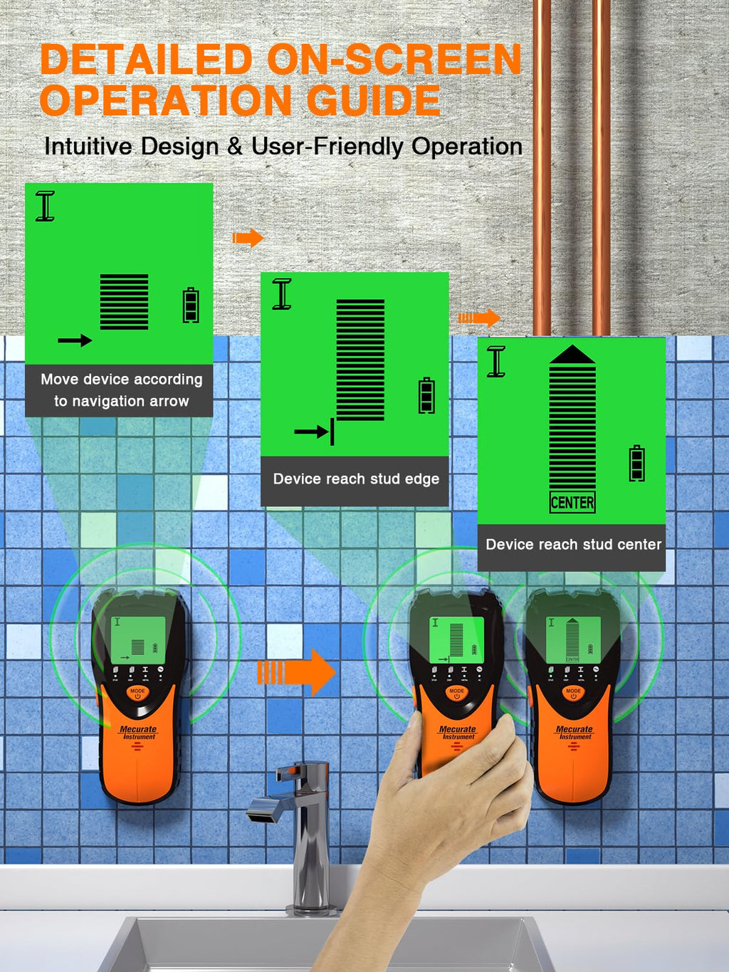 Mecurate Stud Finder Wall Scanner Sensor - 5 in 1 Electronic Stud with LCD Display & Audio Alarm for Wood AC Live Wire Metal Studs Detection Joist Pipe