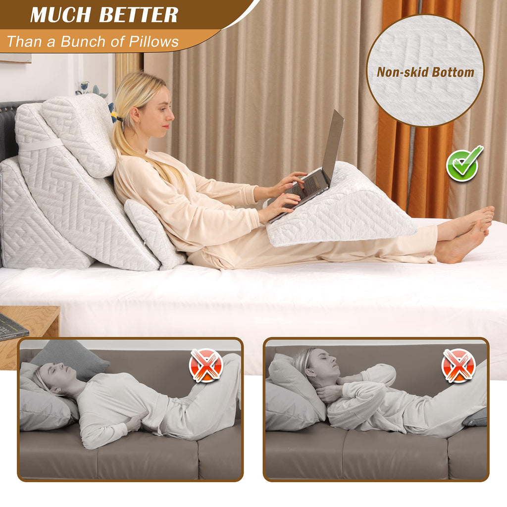 Betterhood 5pcs Orthopedic Bed Wedge Pillow Set, Adjustable Memory Foam, Post Surgery Foam for Back Neck & Leg Pain Relief Support, Acid Reflux, Snoring Reading, Sleeping, Sitting up, Grey