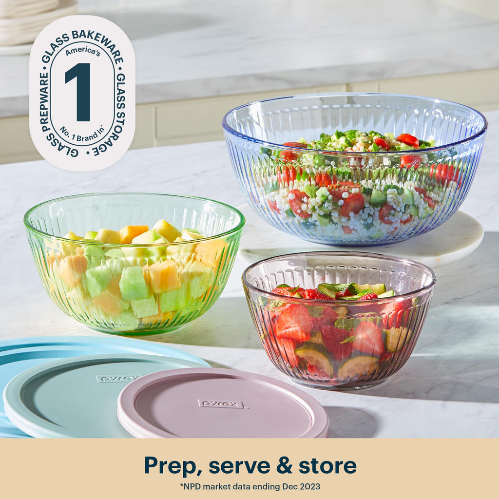 Pyrex Colors Tinted (3-Pack) Sculpted Tinted Unlidded Small/Medium/Large Glass Mixing Bowls, Nesting Space Saving Set of Bowls For Prepping and Baking, 1.3QT, 2.3QT & 4.5QT