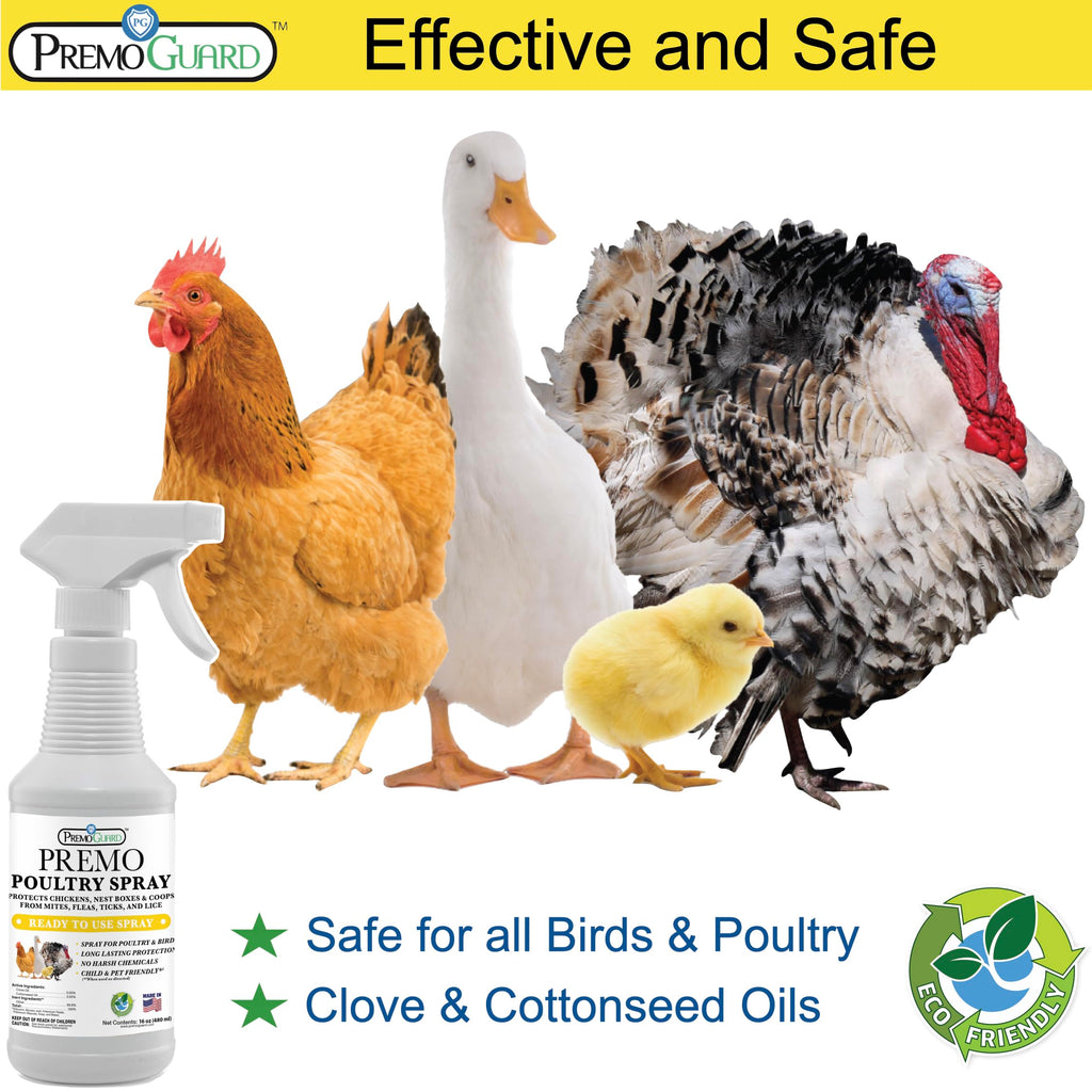 Premo Guard Poultry Spray - 16 oz - Kill Scaly Leg, Mites, Fleas, Lice, & Other Pest on Chickens and in Coops - Natural Plant Based Oils for Control, & Prevention - Family Safe with No Egg Withdrawl