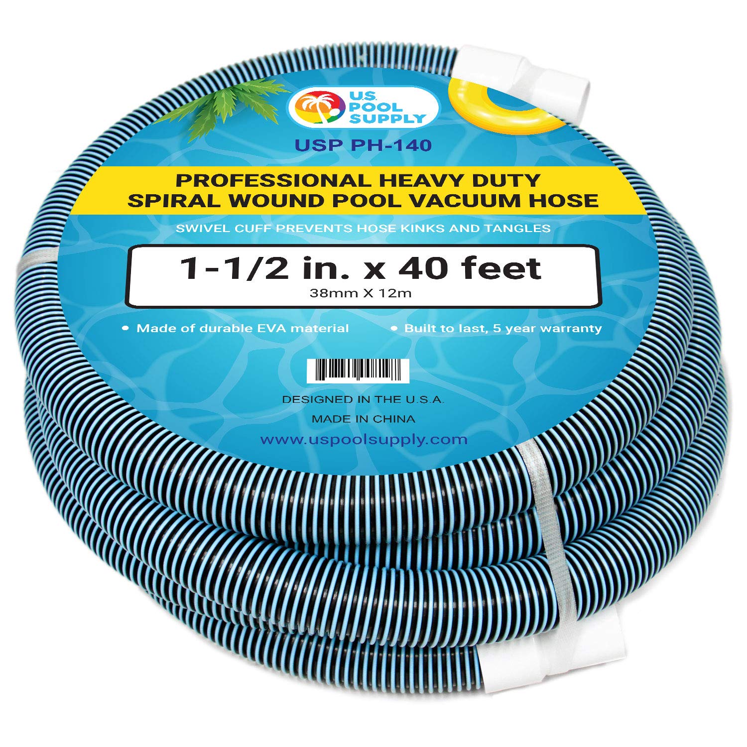 U.S. Pool Supply Pool Vacuum Hose - 1-1/2" x 40' Professional Heavy Duty Pool Hose for Inground, Spiral Wound with Kink-Free Swivel Cuff - Connect to Vacuum Heads, Skimmer, Cleaner, Filter Pump Inlet