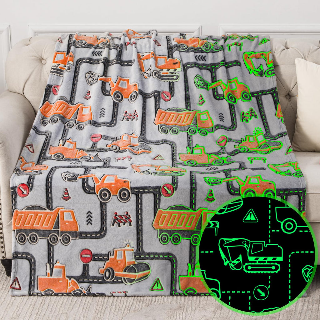 Kids Boys Construction Excavator Gifts Toys - Glow in The Dark Truck Blanket for Teens Easter Birthday Christmas Valentine's Day Age 12 3 4 5 6 7 8 9 10 Years Old Toddler Car Presents Plush Throw
