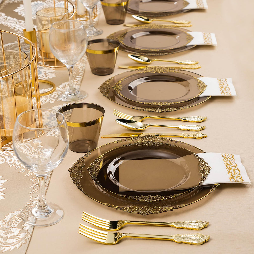 Bestluck 350PCS Clear Black Plastic Plates for 50 Guests, Disposable Plates with Gold Trim include 50 Dinner plates, 50 Dessert Plates, 150 Gold Silverware, 50 Cups, 50 Napkins for Wedding & Party