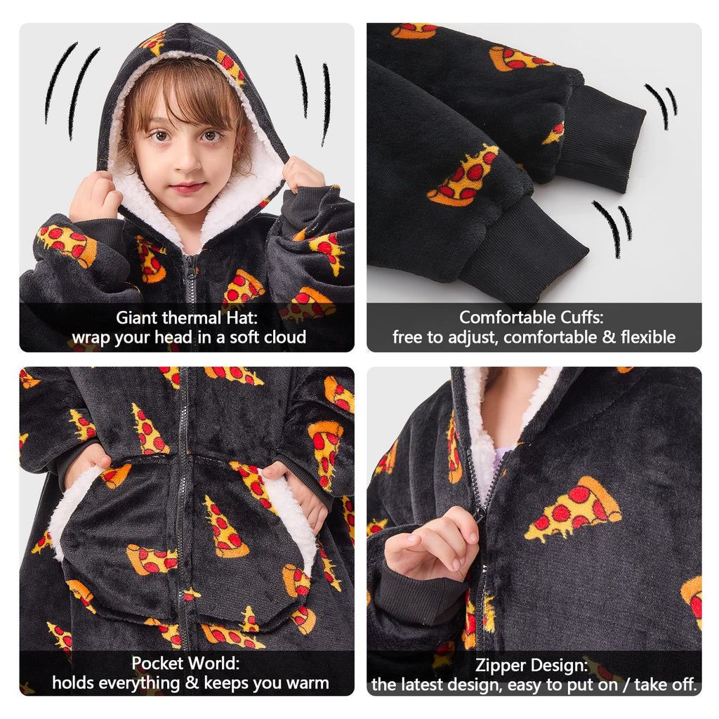JOYWOO Kids Wearable Blanket Hoodie, Pizza Oversized Sherpa Hooded Blanket Birthday Christmas Gifts for Girl Boy, Cozy Sweatshirt Blanket with Giant Pocket and Zipper