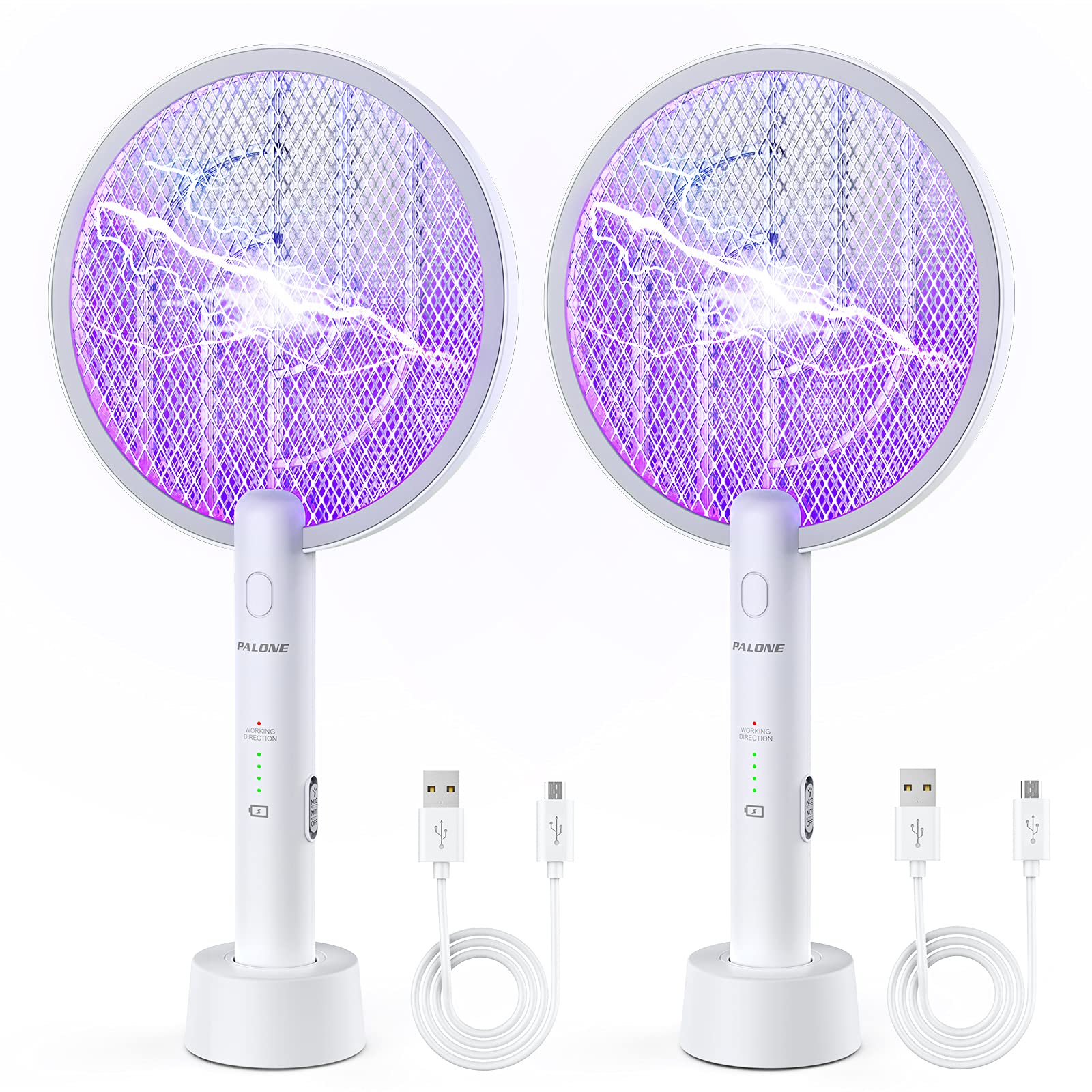 PALONE Electric Fly Swatter 3000V Bug Zapper Racket 2 in 1 Fly Swatter with 1200mAh Battery Rechargeable Mosquito Killer Lamp with 3 Layers Safety Mesh for Indoor and Outdoor (2 Pack)