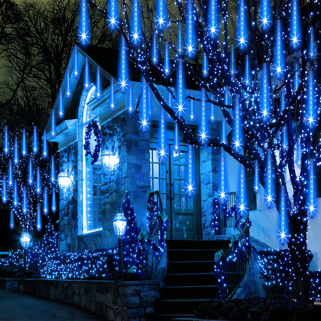 Adecorty Outdoor Christmas Lights Meteor Shower Lights UL Certified 8 Tubes 192 LED Snow Falling Rain Drop Lights Dripping Icicle String Lights for Christmas Tree Decorations Xmas Wedding Party, Blue