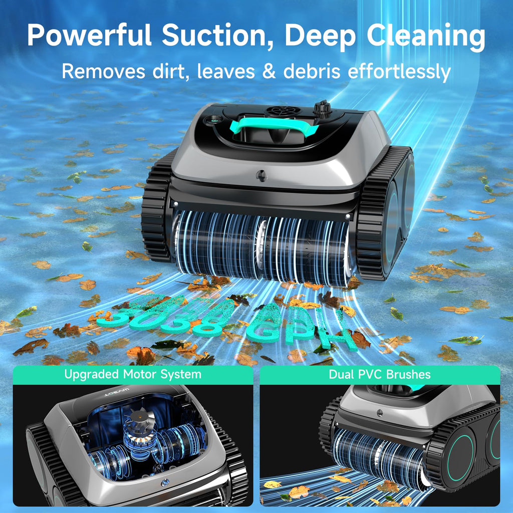 WYBOT Pool Vacuum for Inground Pools, 4-in-1 Cordless Robotic Pool Cleaner for Above Ground Pools, Triple-Motor up to 1,614 Sq.ft, Wall & Waterline Cleaning, WiFi & Bluetooth (Grey with Green)