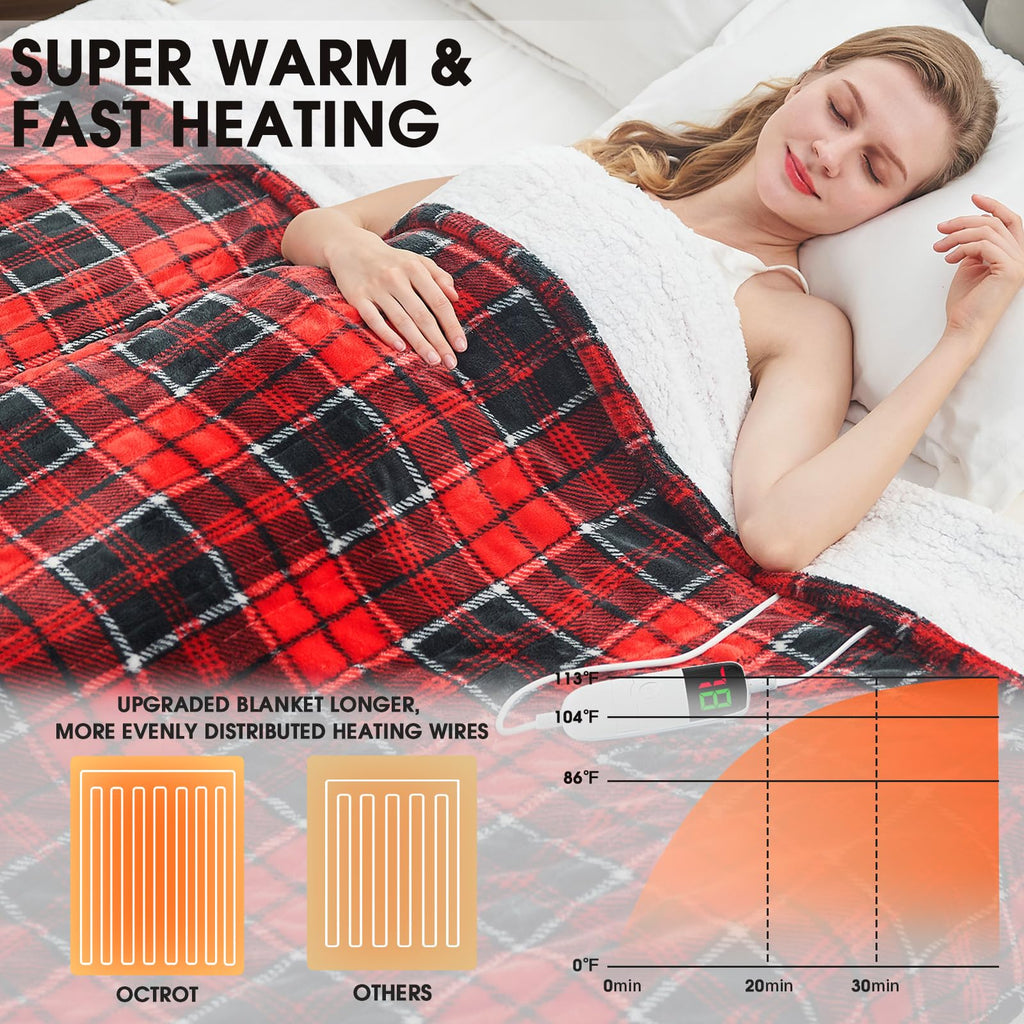 Heated Blanket Electric Throw 50X60, Christmas Heating Blanket Gift with 10 Heating Levels & 8 Hours Auto Off, Red Plaid Checkered Sherpa Blanket Warmer for Adults, Couch Bed Office Use, ETL