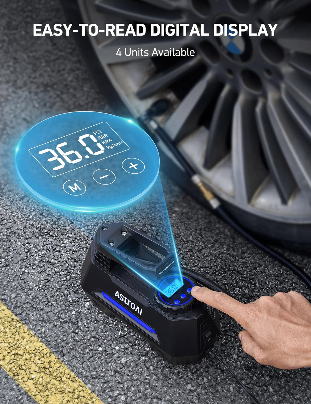 AstroAI Tire Inflator Portable Air Compressor Tire Air Pump for Car Tires - Car Accessories, 12V DC Auto Pump with Digital Pressure Gauge, Emergency LED Light for Bicycle, Balloons, Blue