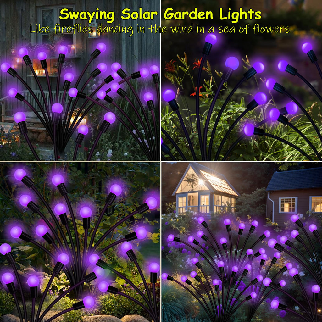 Solar Garden Lights Outdoor, 2 Pack 20 LED Solar Purple Firefly Lights Waterproof, Starburst Solar Wind Swaying Lights for Outside Yard Patio Planter Flower Bed Walkway Halloween Christmas Decoration
