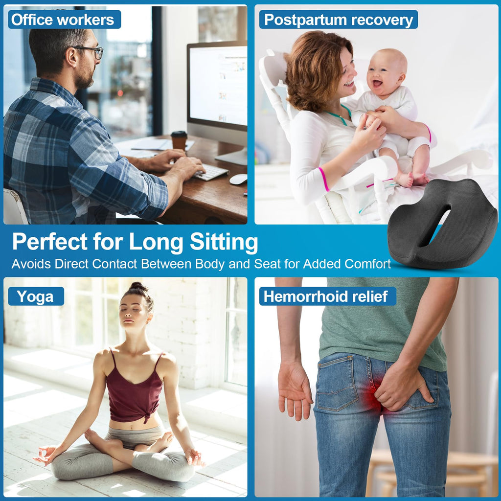 Memory Foam Seat Cushion,Office Chair Cushion,Car Seat Cushion,Tailbone Pain Relief Cushion,Sedentary & Coccyx & Back Pain Relief,Sciatica Support,Non-Slip Cushions,Portable & Washable (Black)