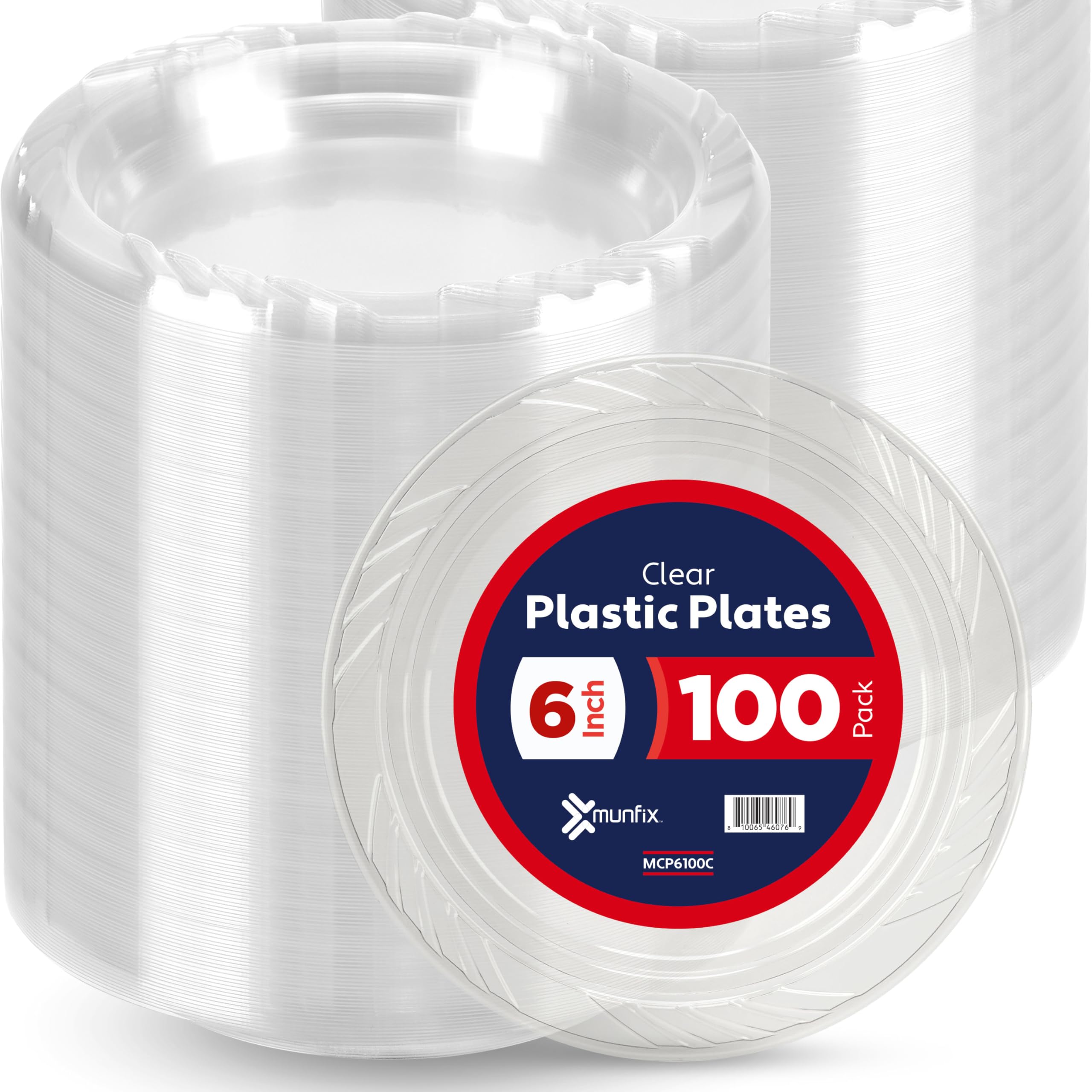Munfix 6 Inch Clear Plastic Plates 100 Bulk Pack - Disposable Cake Plates for Dessert & Appetizers, BBQ, Party, Travel and Events, Microwavable Recyclable