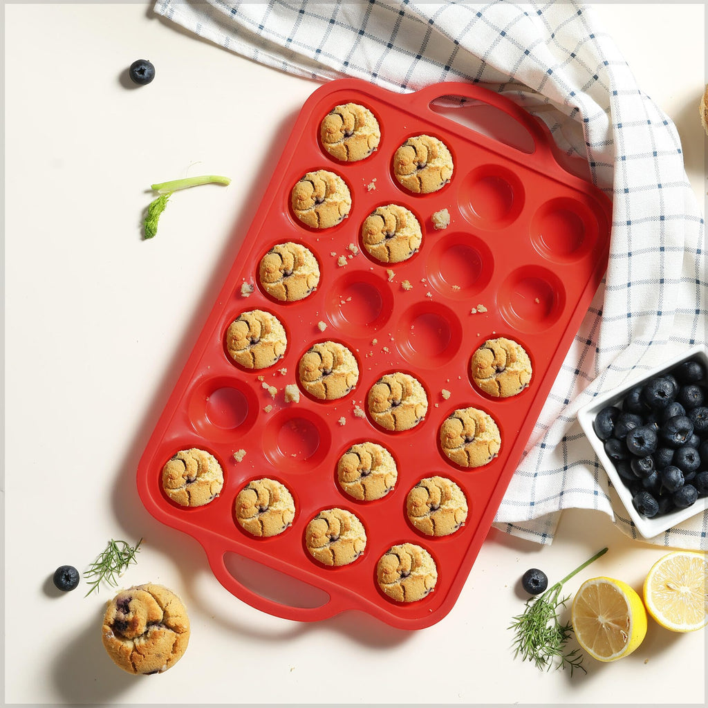 2 Packs 24 Cups Silicone Muffin Pan for Baking with Metal Reinforced Frame Mini Size Cupcake Pan Tray Chocolate Egg Pizza Bites Oven Cookie Mold Muffin Tin Tart Pans Sheet Set Small