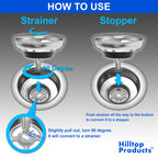2 Pack - Kitchen Sink Strainer and Stopper Combo Basket Replacement for Standard 3-1/2 inch Drain, Stainless Steel Basket with Plastic Knob, Rubber Stopper Bottom - Hilltop Products