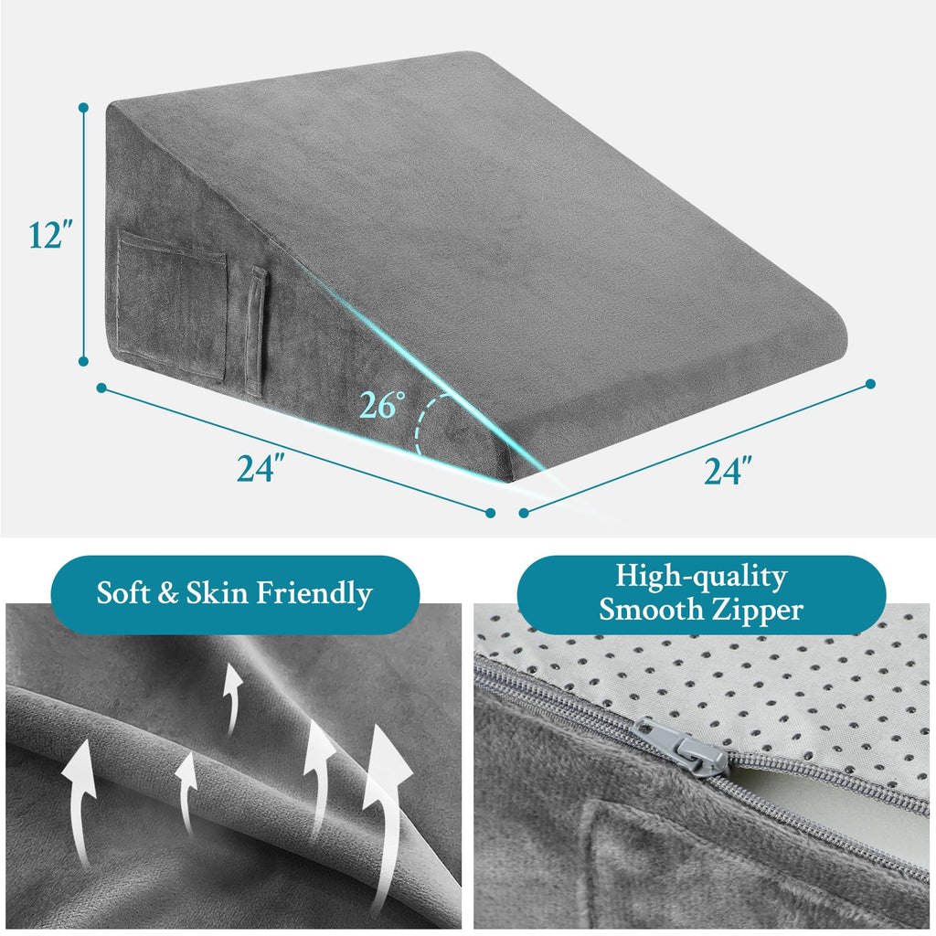 Domusensus Wedge Pillow for Sleeping, 12" Bed Wedge Pillow for After Surgery, Triangle Pillow Wedge for Heartburn, Acid Reflux, GERD, Back Pain Relief, Neck Pain, Soft & Cooling Memory Foam Top
