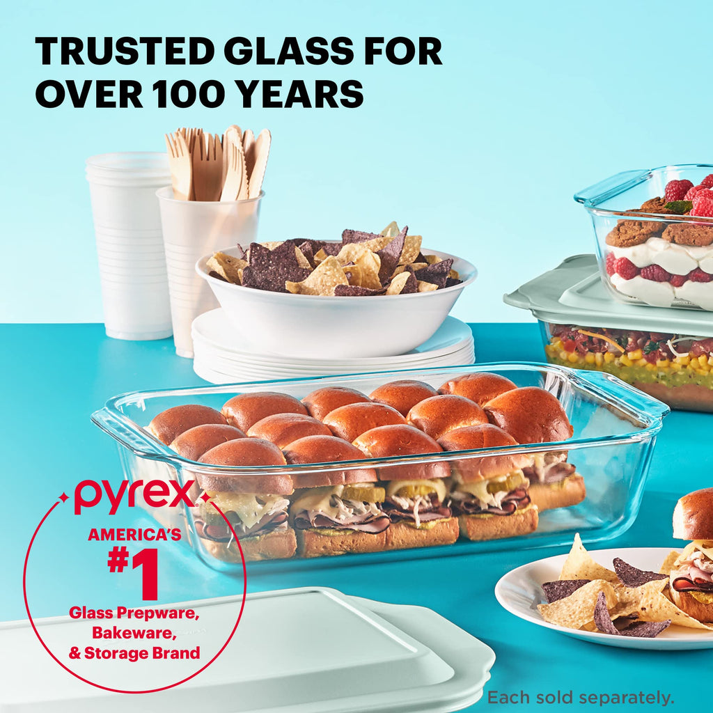 Pyrex Deep Glass Baking Dish with Plastic Lid, Deep Casserole Dish, Glass Food Container, Oven, Freezer and Microwave Safe, Clear Container, 8x8
